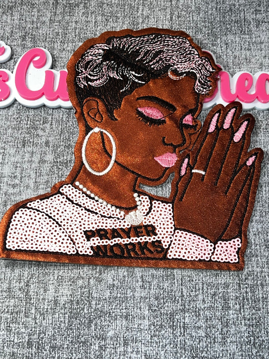 Praying Woman Pink Glam Patch – Embroidered Iron On Applique Medium