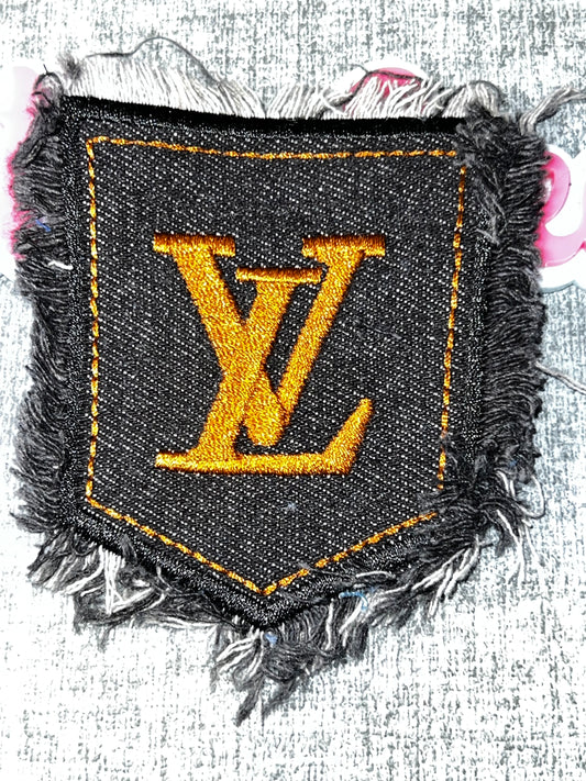 Black Denim Monogram Pocket Embroidered Patch – Frayed Pocket Iron On Applique – Approx. 4 Inches