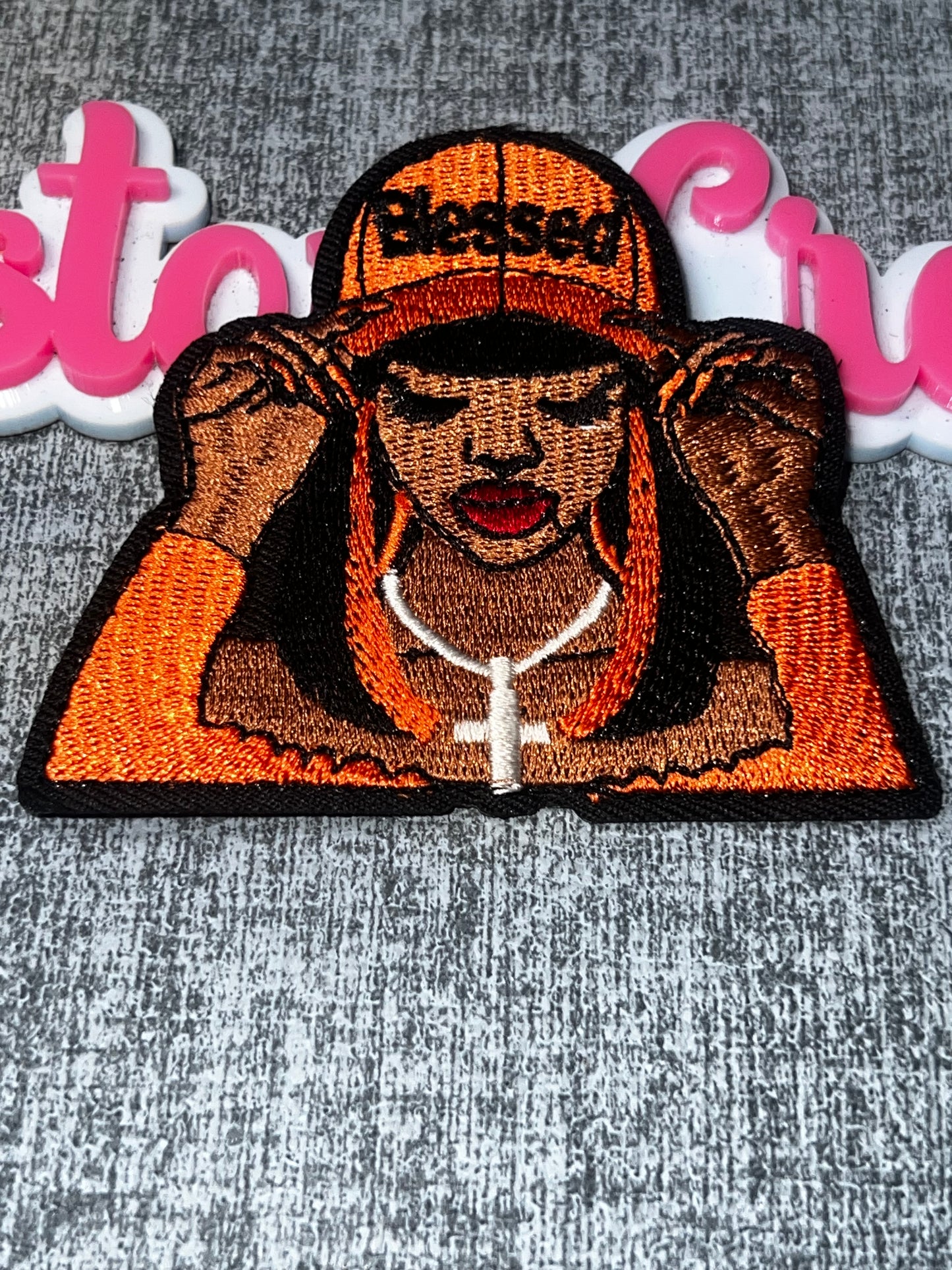 Fashion Girl Orange Cap Embroidered Patch – Stylish Statement Patch