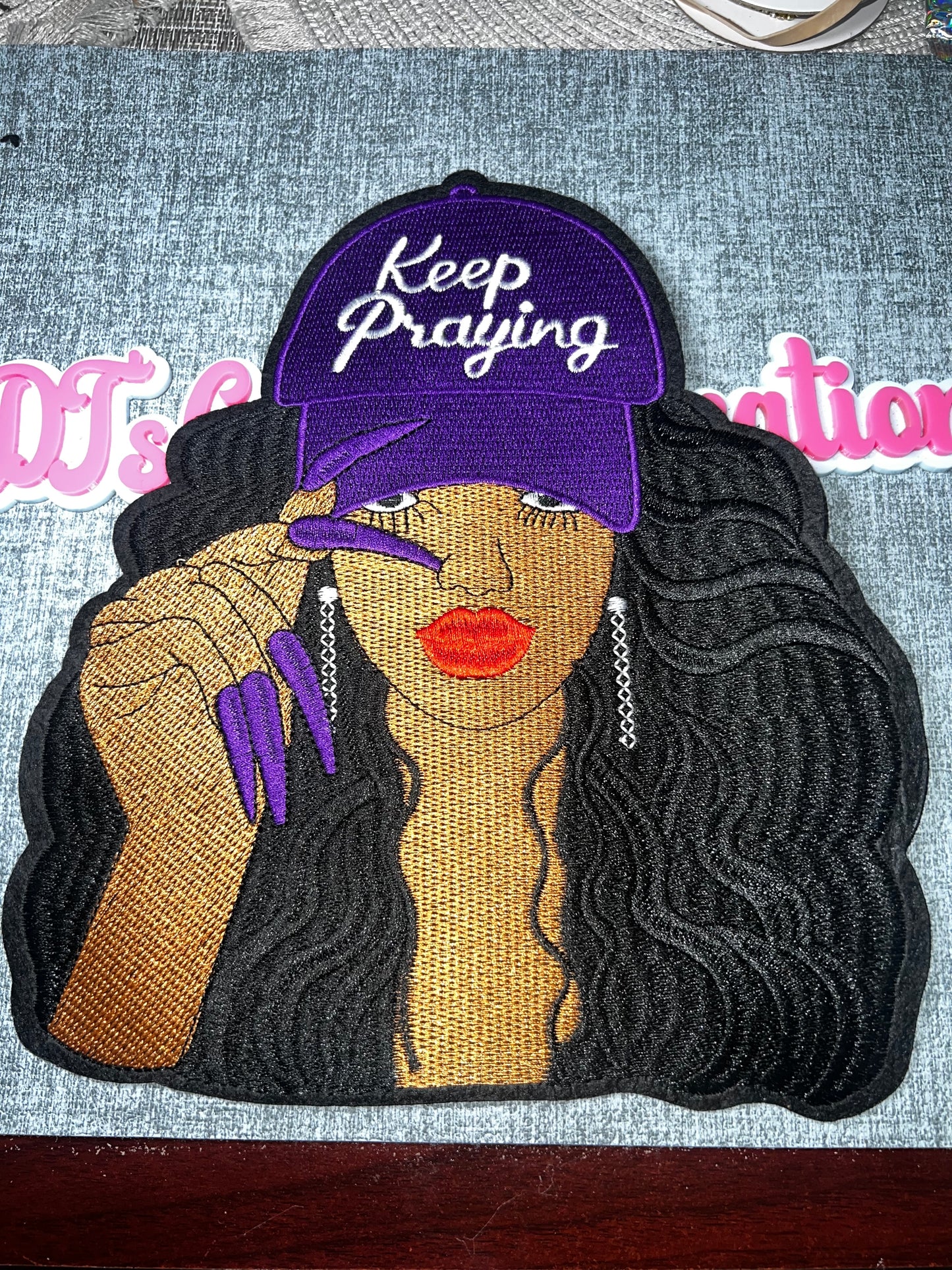 Keep Praying Fashion Girl Embroidered Iron-On Patch | Purple Cap Girl Appliqué