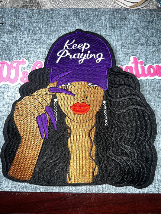 Keep Praying Fashion Girl Embroidered Iron-On Patch | Purple Cap Girl Appliqué