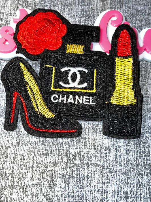 Glam Fashion Embroidered Patch Set – Perfume Heel Lipstick Rose Patch – Fashion Iron On Applique – Approx. 5 Inch