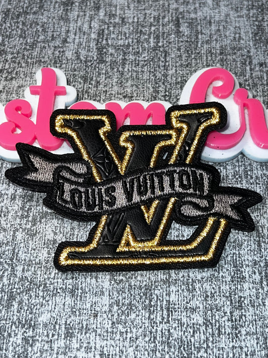Black Gold Ribbon Fashion Patch – Embroidered Faux Leather Applique for Jackets & Bags