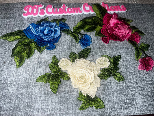 Mixed Color Floral Embroidered Iron-On Applique Set | 3-Piece Rose Flower Vine Patch Collection | Decorative Sewing Patch