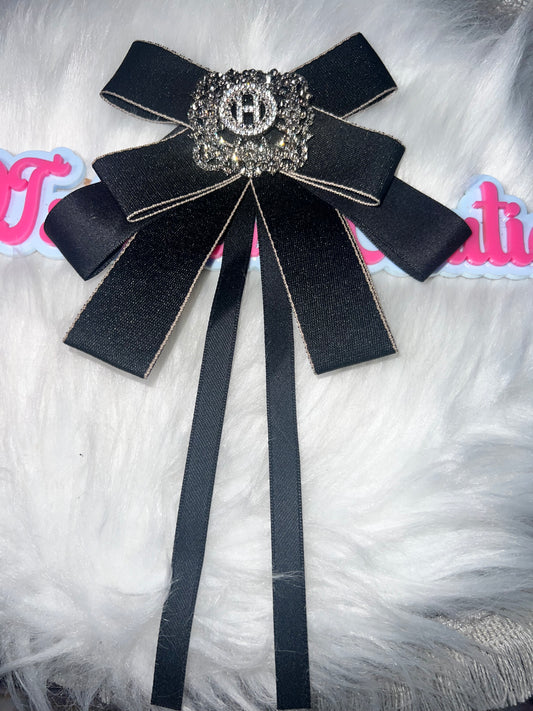 Black Satin Rhinestone Initial Accent Bow Brooch