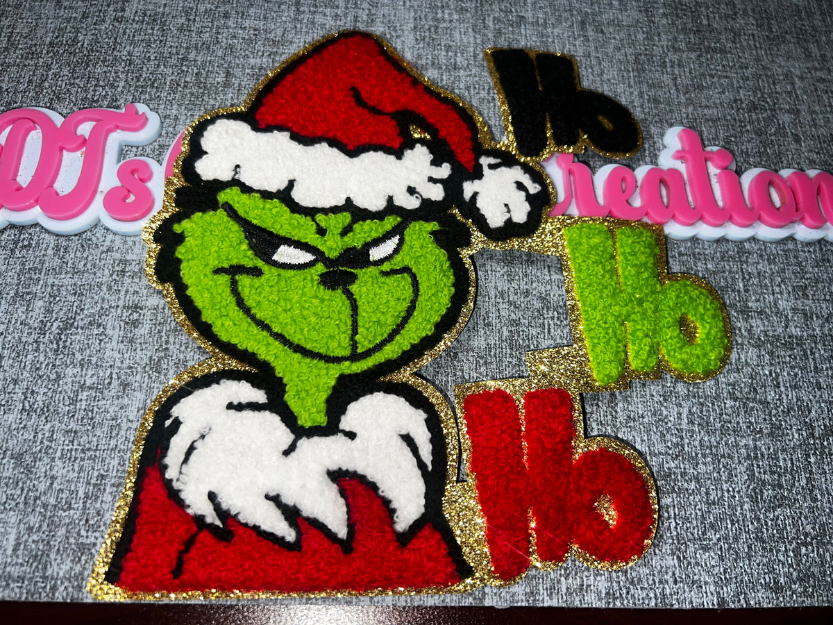 Green Santa Face Ho Ho Ho Patch – Chenille Glitter Iron-On Applique