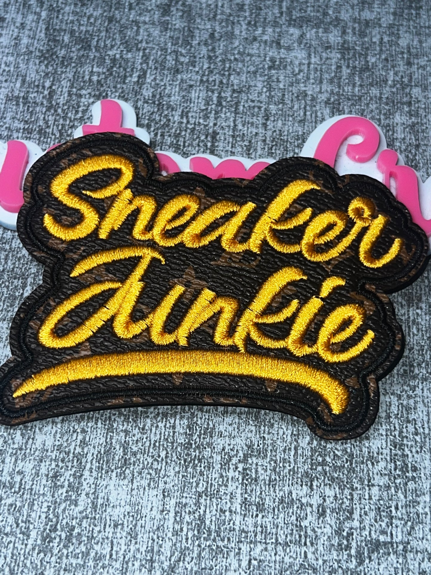 Sneaker Junkie Script Iron On Patch | Embroidered Statement Patch, Large Fashion Applique, Jacket Bag Hat DIY Patch