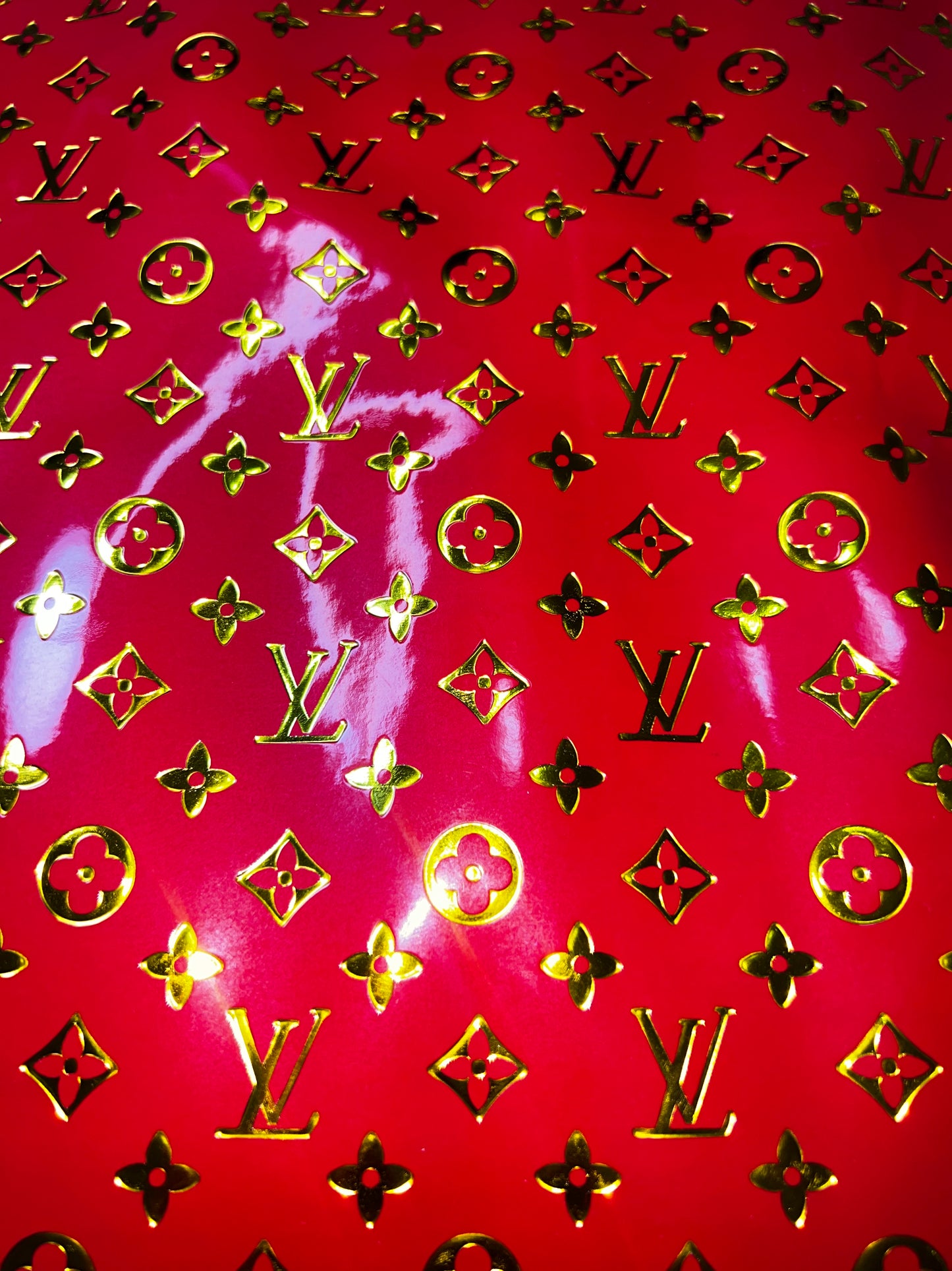 Red Gold Monogram Embossed Faux Leather Sheet 9x12 | Glossy Embossed Craft Faux Leather