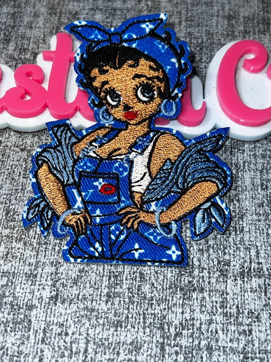 Blue Glam Style Embroidered Patch – Fashion Girl Patch – Iron On Applique – Approx. 5 Inch