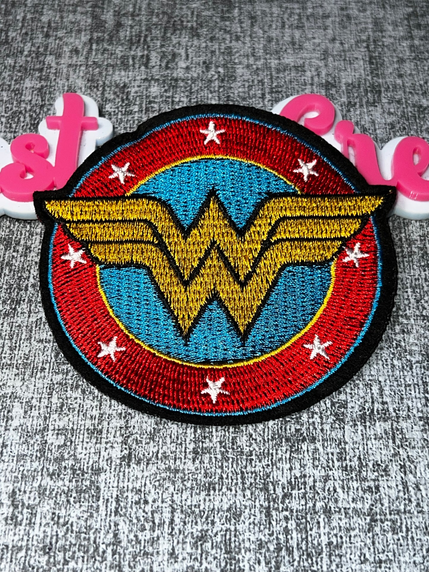 Superhero Inspired W Emblem Patch Red Blue Gold Embroidered Iron On Applique