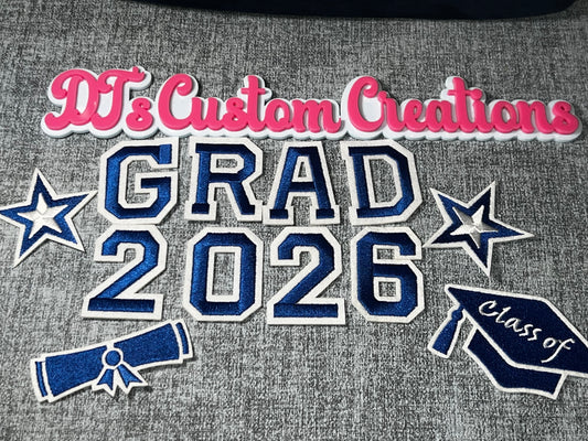 Grad 2026 Embroidered Patch Set – Graduation Iron On Applique Bundle, Cap Diploma Star Patches