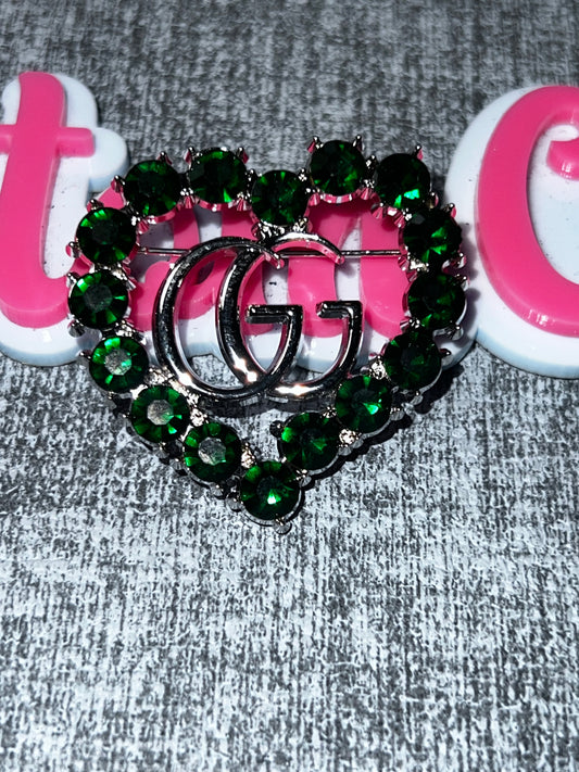Emerald Green Rhinestone Heart Brooch – Silver Tone Crystal Pin