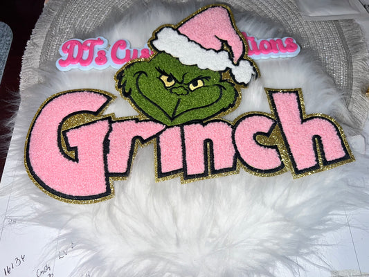 Grinch Christmas Iron-On Patch – Pink Edition (Large Chenille