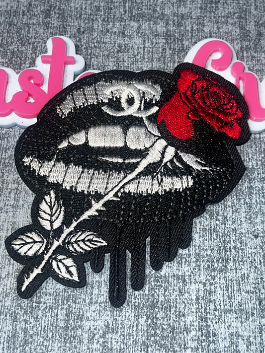 Rose Lips Embroidered Iron-On Patch – Black, White & Red Fashion Patch