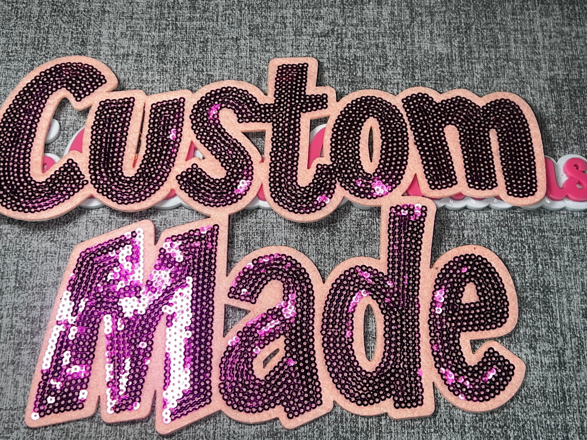 Blush Pink Blue “Custom Made” Sequin Statement Patch – Iron On Applique