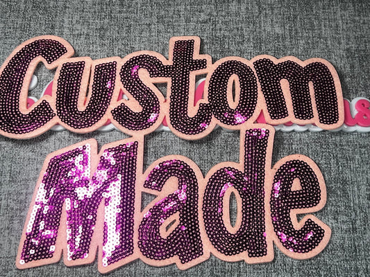 Blush Pink Blue “Custom Made” Sequin Statement Patch – Iron On Applique