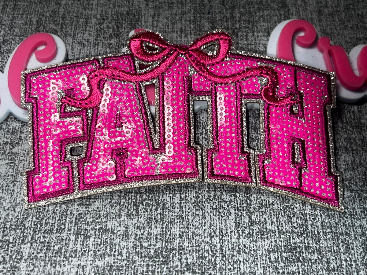 Hot Pink Sequin “Faith” Bow Patch – Rhinestone Embroidered Applique