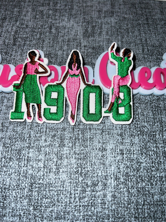 1908 Sisterhood Iron-On Patch – Pink & Green Embroidered Chenille Patch