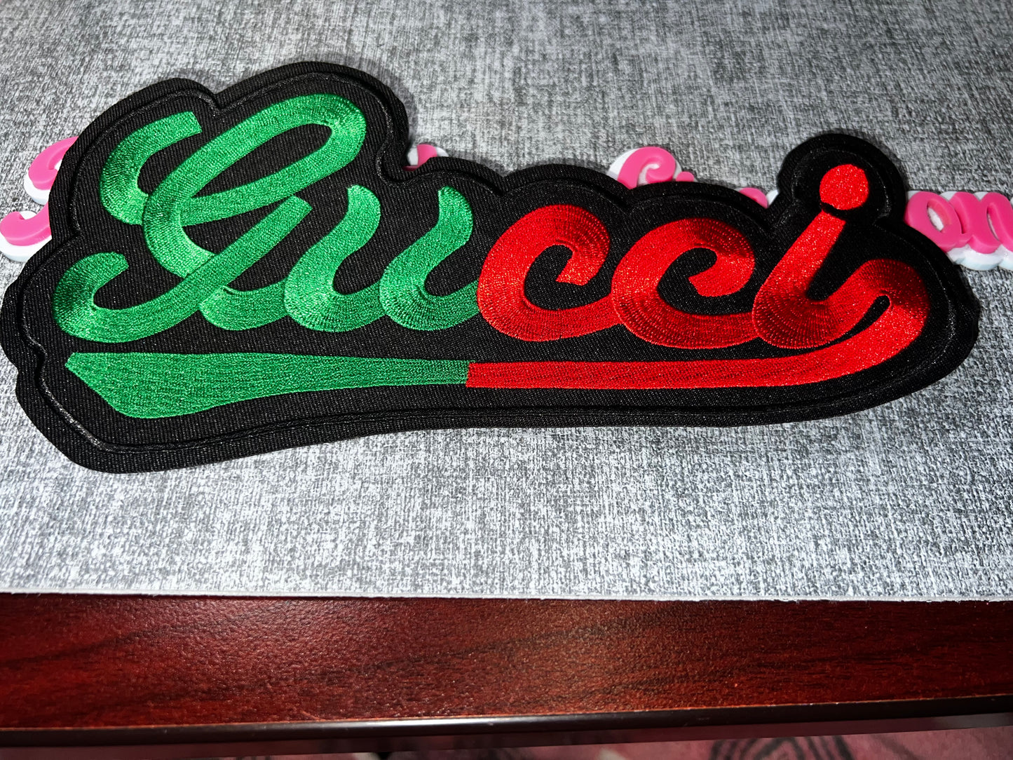Green & Red Script Fashion Patch – Embroidered Lettering Iron On Applique