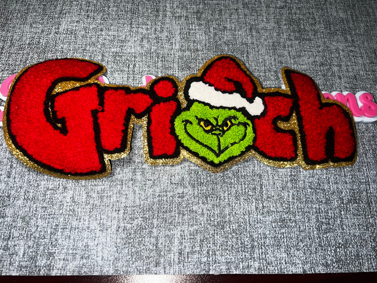 Red Holiday Lettering Green Face Patch – Chenille Glitter Iron-On Applique