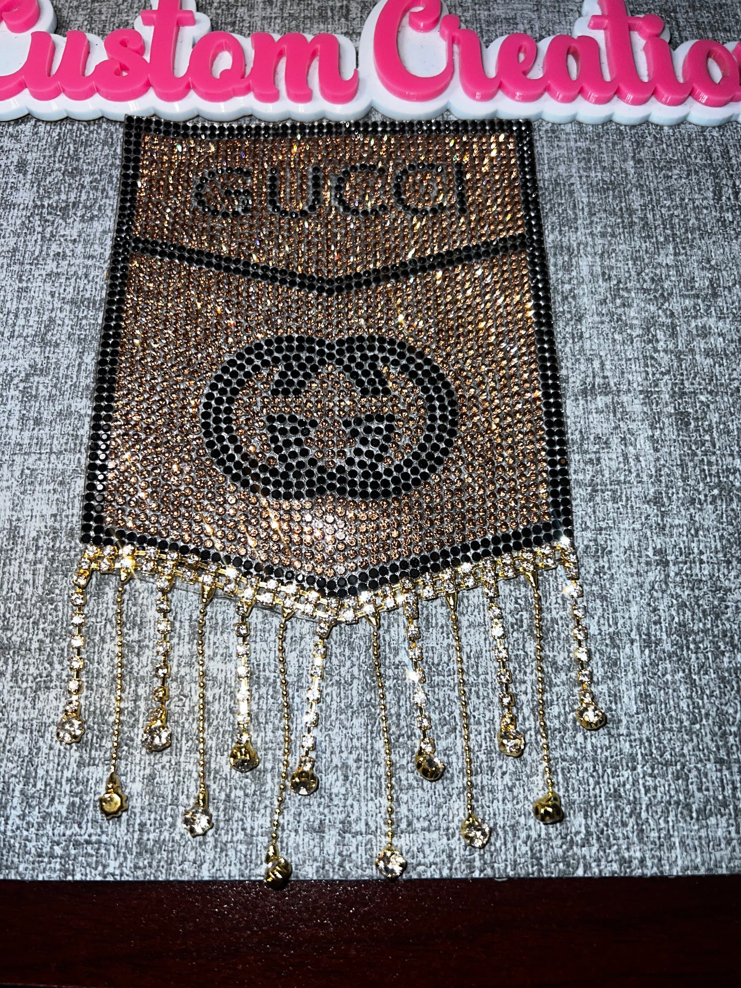 Rhinestone Drip Pocket Patch – Bling Fringe Fashion Applique | Gold, Black, Clear | Rhinestones / Fabric / Metal Chain