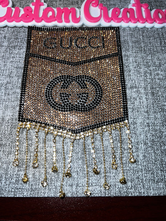 Rhinestone Drip Pocket Patch – Bling Fringe Fashion Applique | Gold, Black, Clear | Rhinestones / Fabric / Metal Chain