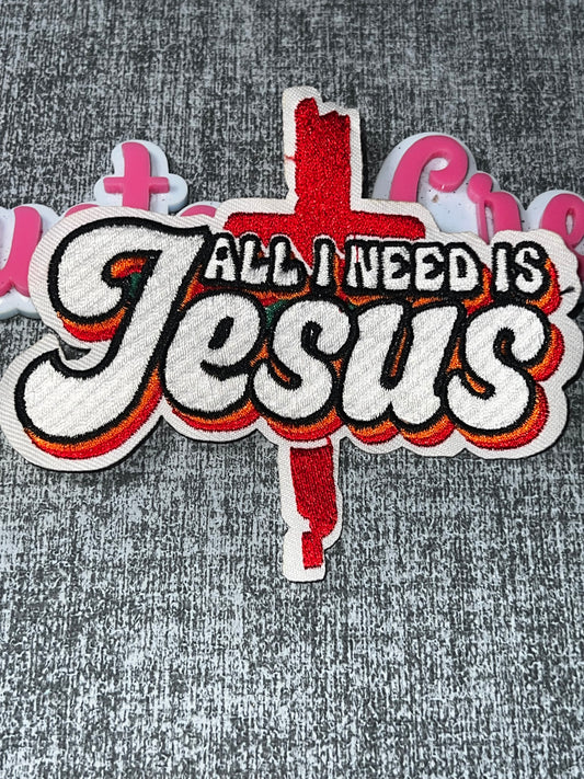 Red, White & Black “All I Need Is Jesus” Embroidered Patch – Faith Statement Iron On Applique