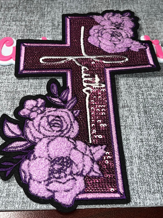 Purple Floral Cross Patch – Sequin Embroidered Iron On Applique