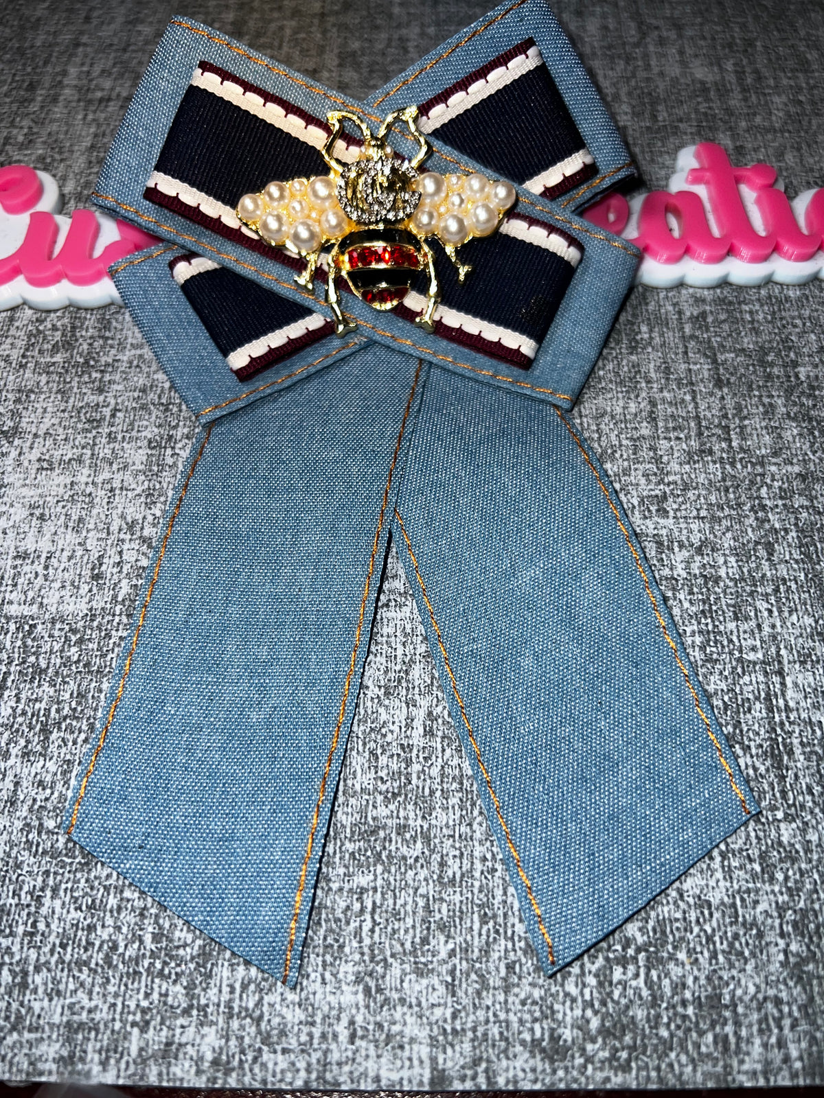 Denim Pearl Bee Bow Brooch – Blue Statement Fashion Pin