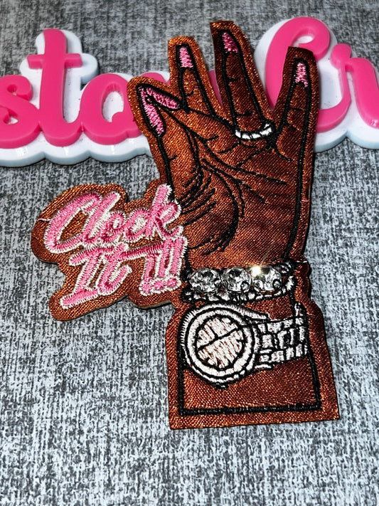 Clock It Hand Patch – Pink Nails Rhinestone Watch Embroidered Iron On Patch – Brown Skin Tone Applique – Approx. 4 Inch