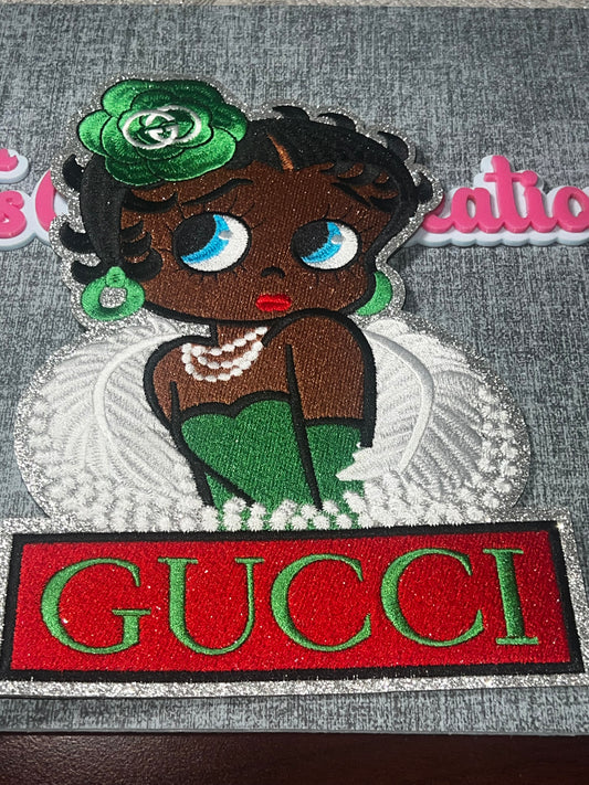 Large Glam Diva Embroidered Iron-On Patch – Green Dress Fashion Patch