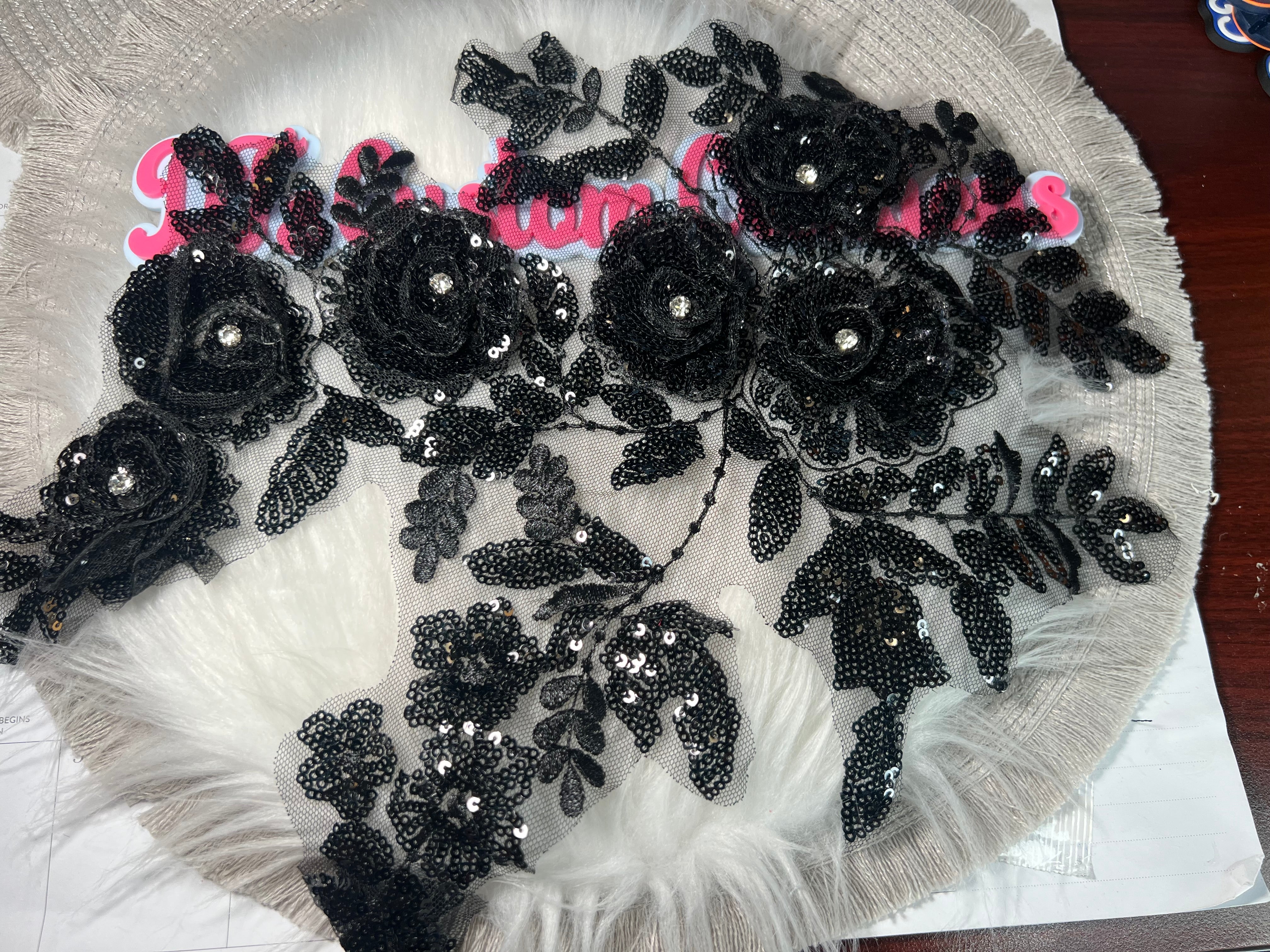 🌹 Black 3D Floral Sequin Appliqué – DT’s Custom Creations