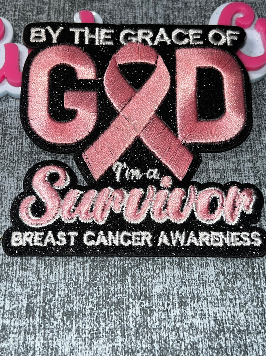 By The Grace of God Survivor Pink Ribbon Embroidered Patch – Awareness Iron On Applique