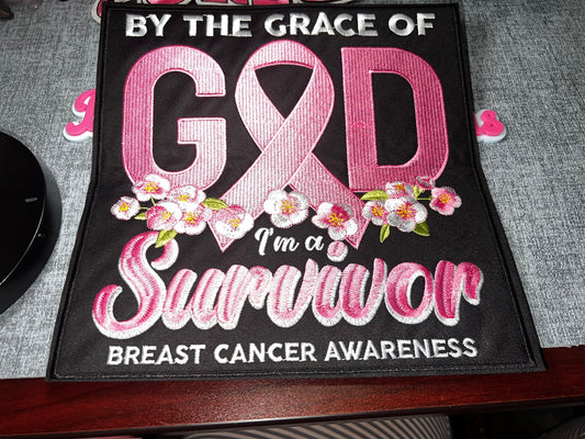 By the Grace of God Breast Cancer Survivor Patch – Pink Ribbon Embroidered Iron On Applique