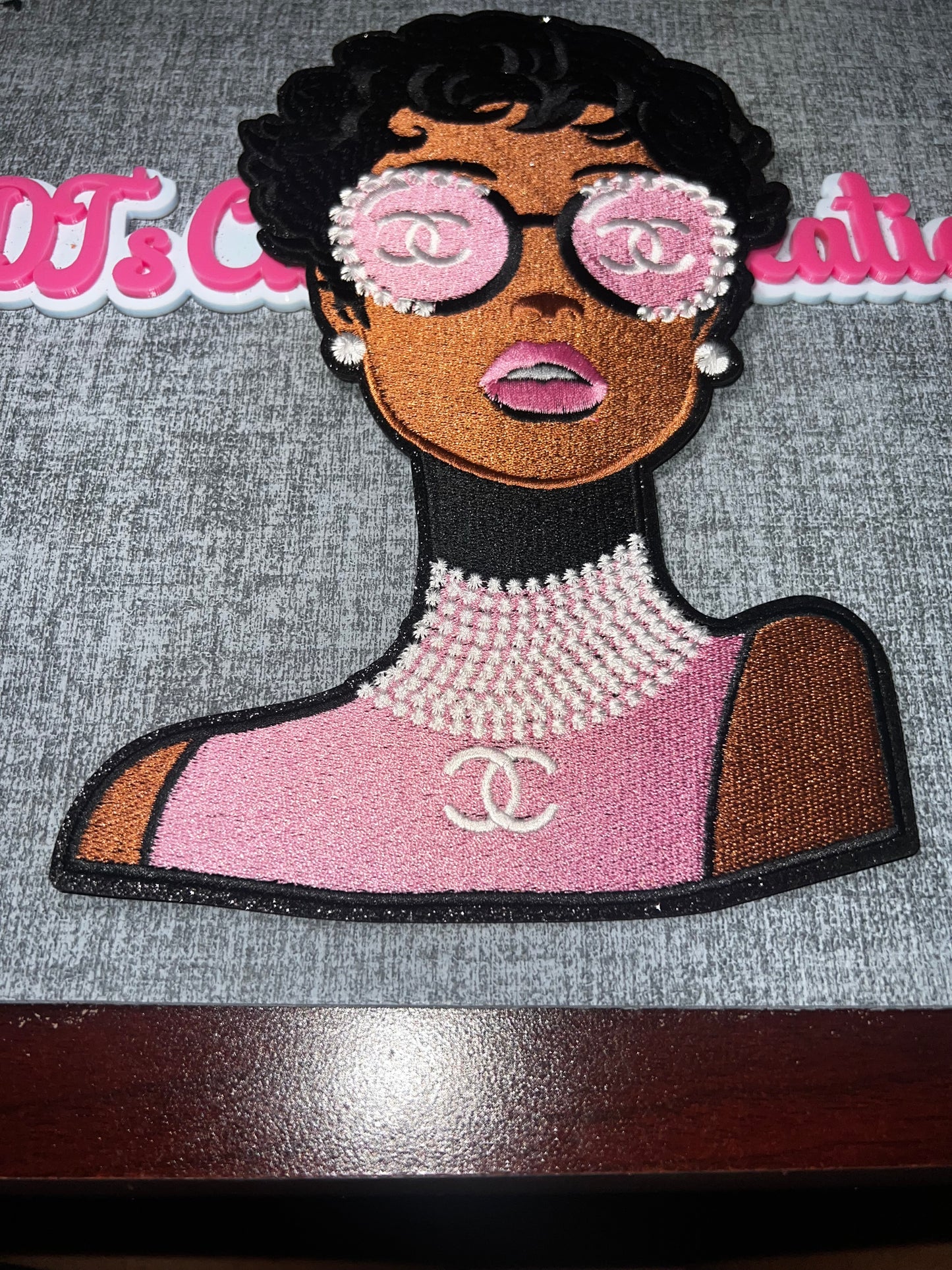 Pink Glam Fashion Lady Embroidered Iron-On Patch | Rhinestone Glasses Girl Appliqué
