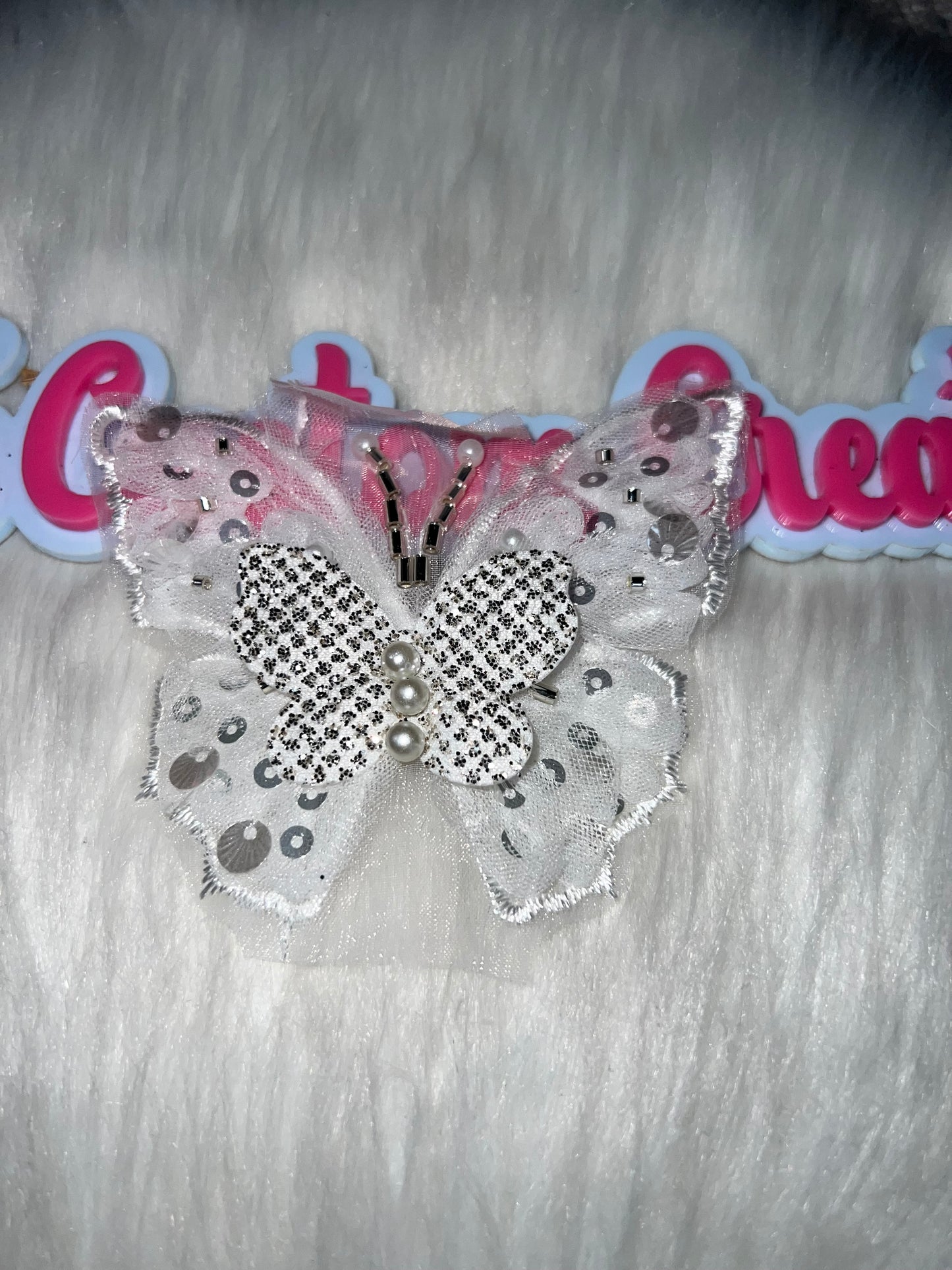 🦋🤍 White Pearl & Sequin Butterfly