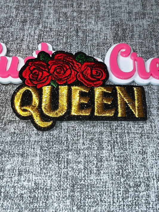 Queen Rose Embroidered Patch – Floral Iron On Patch, Gold Letter Patch, Jacket Patch, DIY Clothing Applique