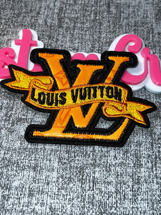 Orange Gold Ribbon Fashion Patch – Embroidered Faux Leather Applique for Jackets, Hats & Bags