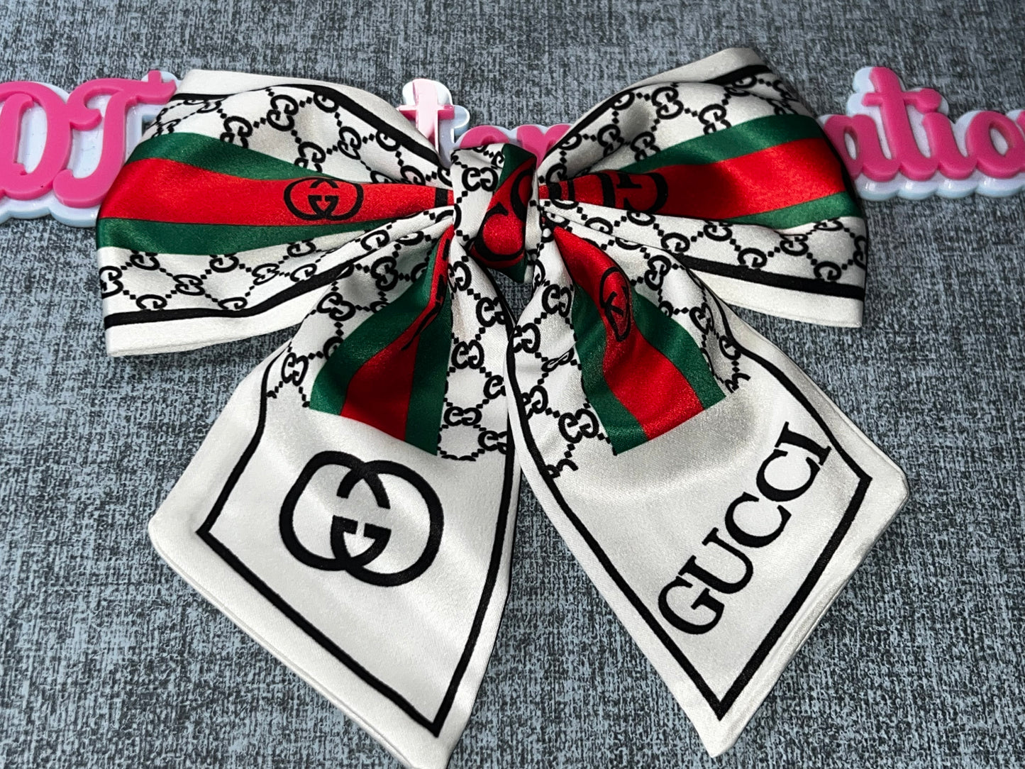 Red Green Stripe Satin Scarf Bow Monogram Style Neck Tie Luxe Inspired Ribbon Accessory