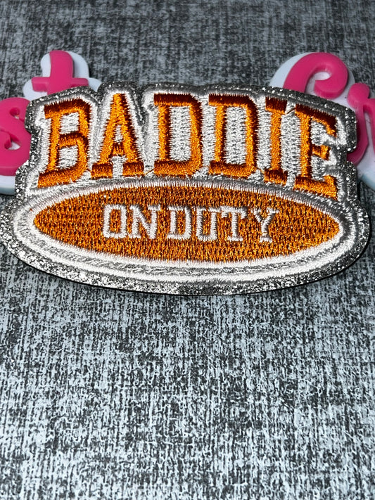 Baddie On Duty Embroidered Patch – Orange & Silver Glitter Iron On Applique – Fashion Statement Patch – Approx. 4 Inch