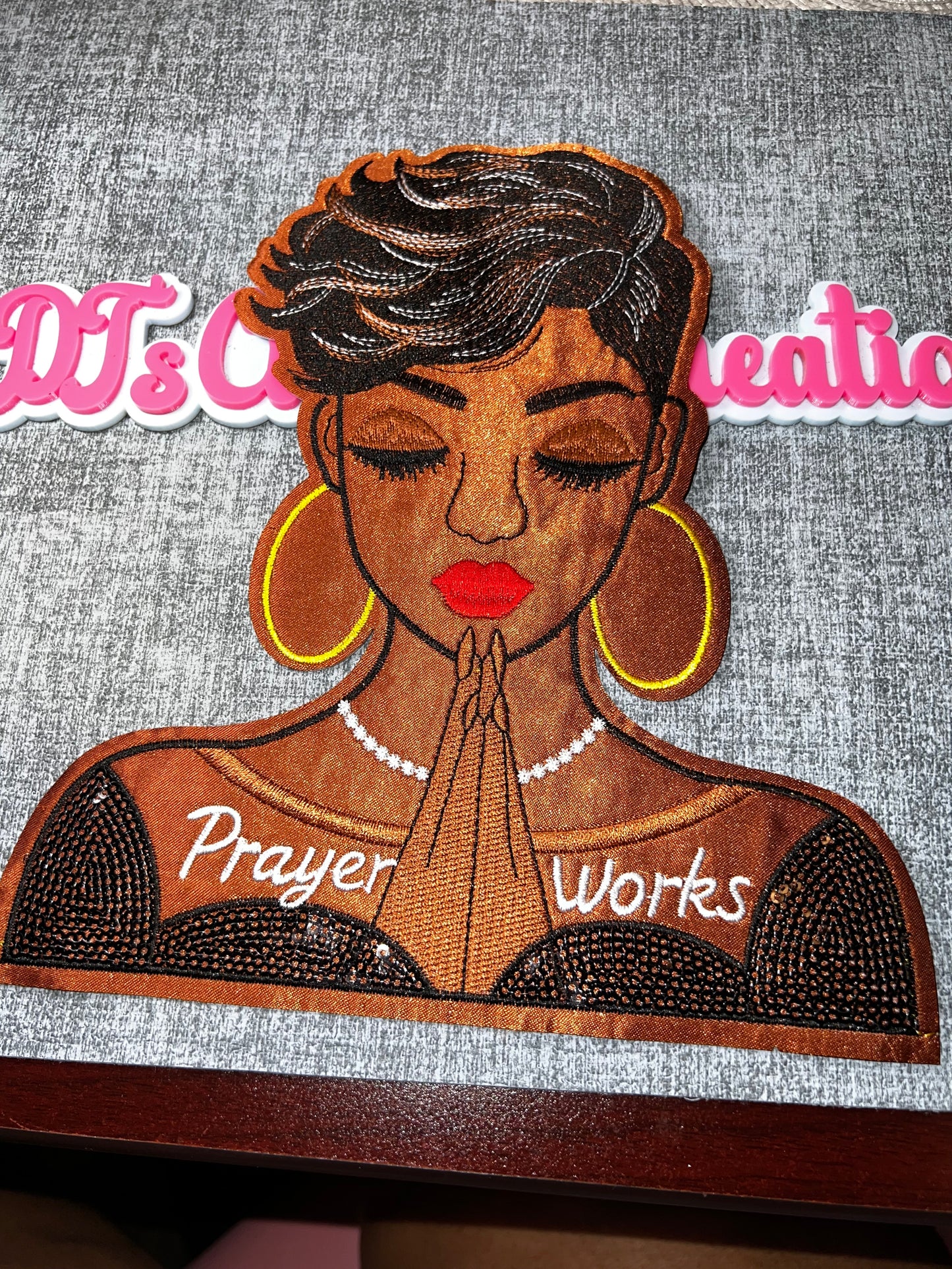 Title: Prayer Works Woman Patch – Embroidered Applique (Classic Brown)Large