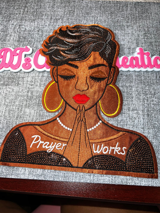 Title: Prayer Works Woman Patch – Embroidered Applique (Classic Brown)Large
