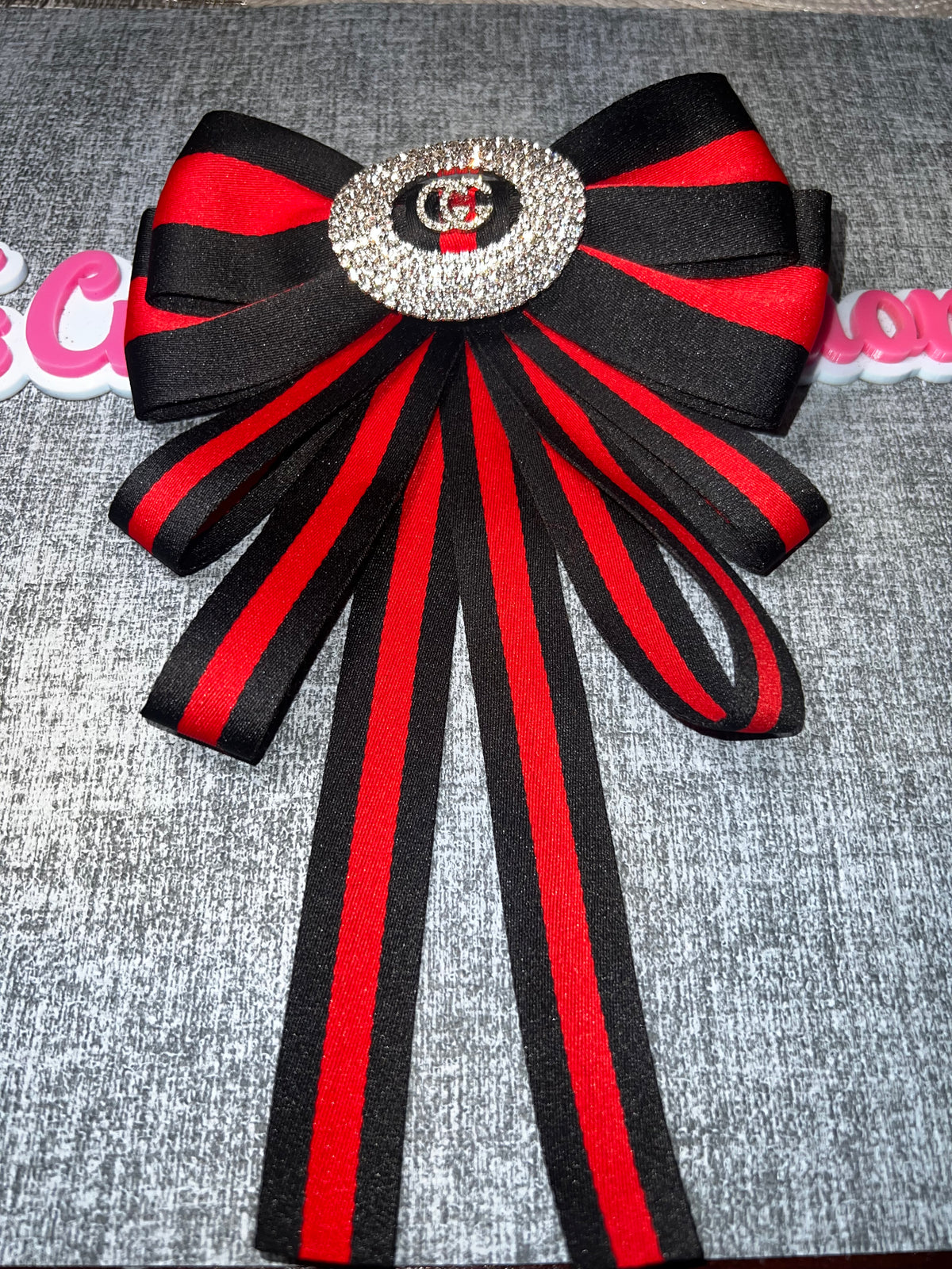 Red Black Rhinestone Bow Brooch – Striped Statement Fashion Pin