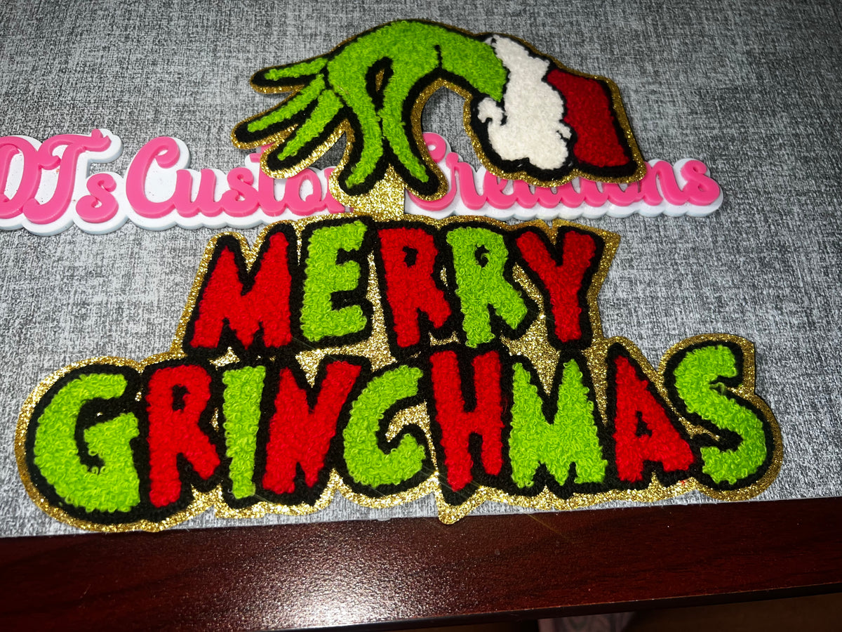 Green Holiday Hand Merry Lettering Patch – Chenille Glitter Iron-On Applique