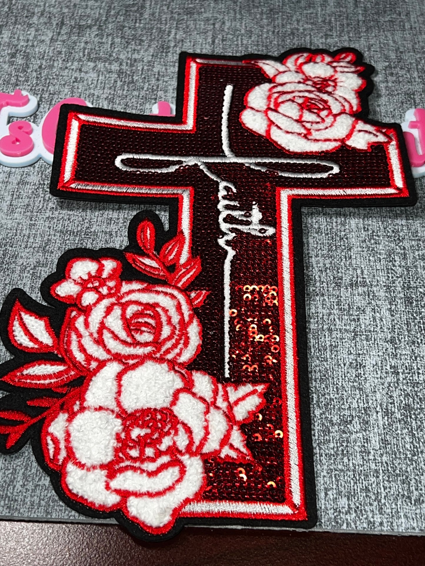 Red White Floral Cross Patch – Sequin Embroidered Iron On Applique