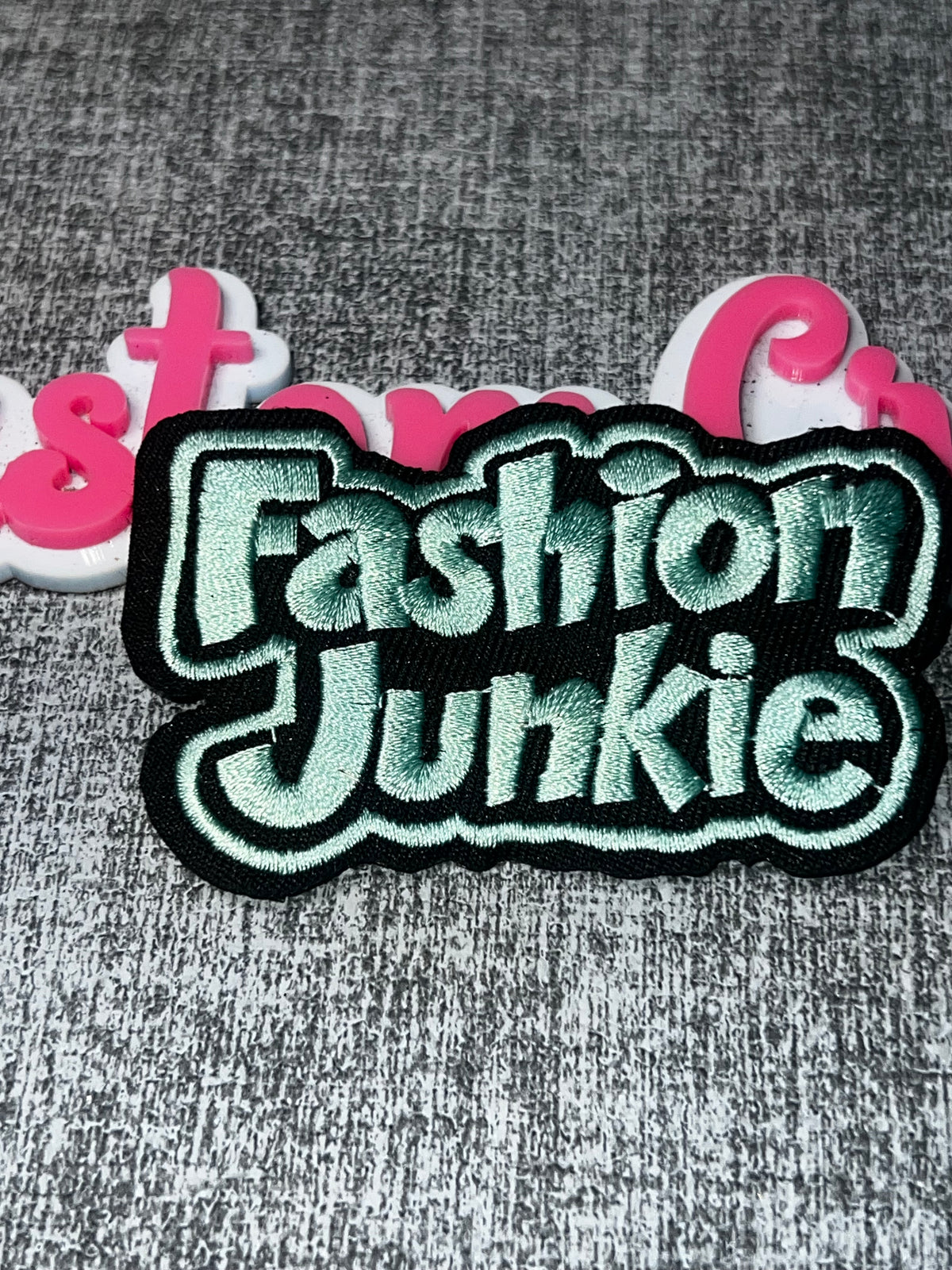 Mint “Fashion Junkie” Embroidered Word Patch – Iron On Applique