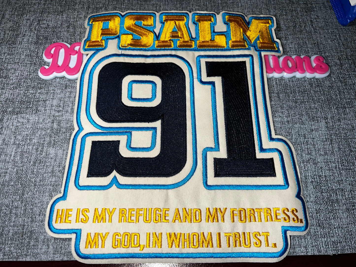 Luxe Psalm 91 Embroidered Statement Patch – Gold, Black & Blue Faith Patch (Large)