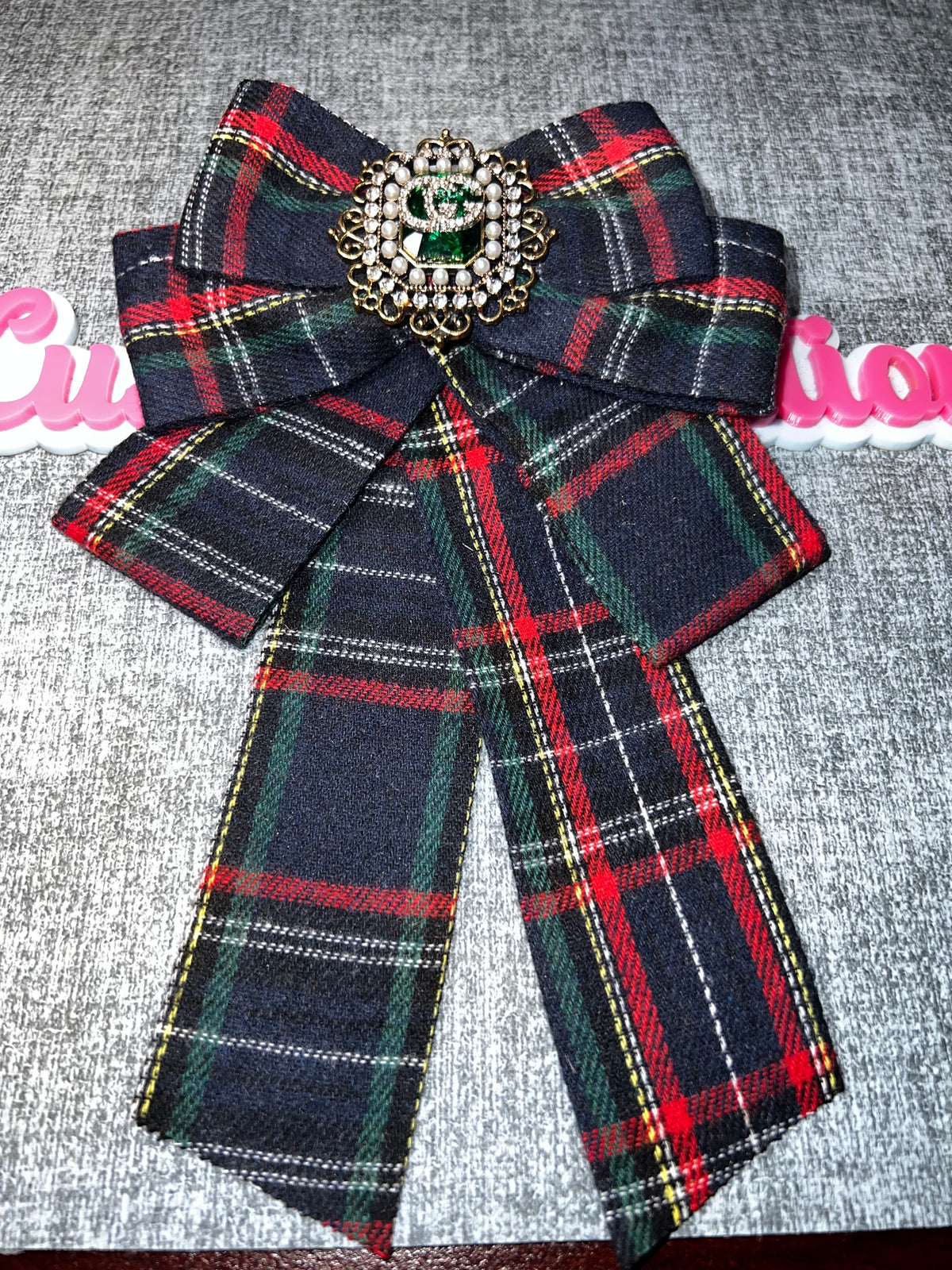 Navy Plaid Rhinestone Pearl Bow Brooch – Statement Fashion Pin