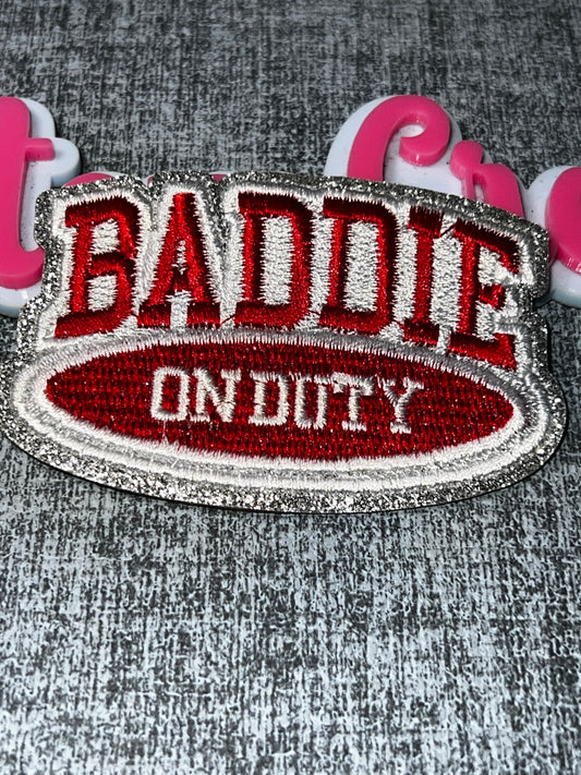 Baddie On Duty Embroidered Patch – Red & Silver Glitter Iron On Applique – Fashion Statement Patch – Approx. 4 Inch