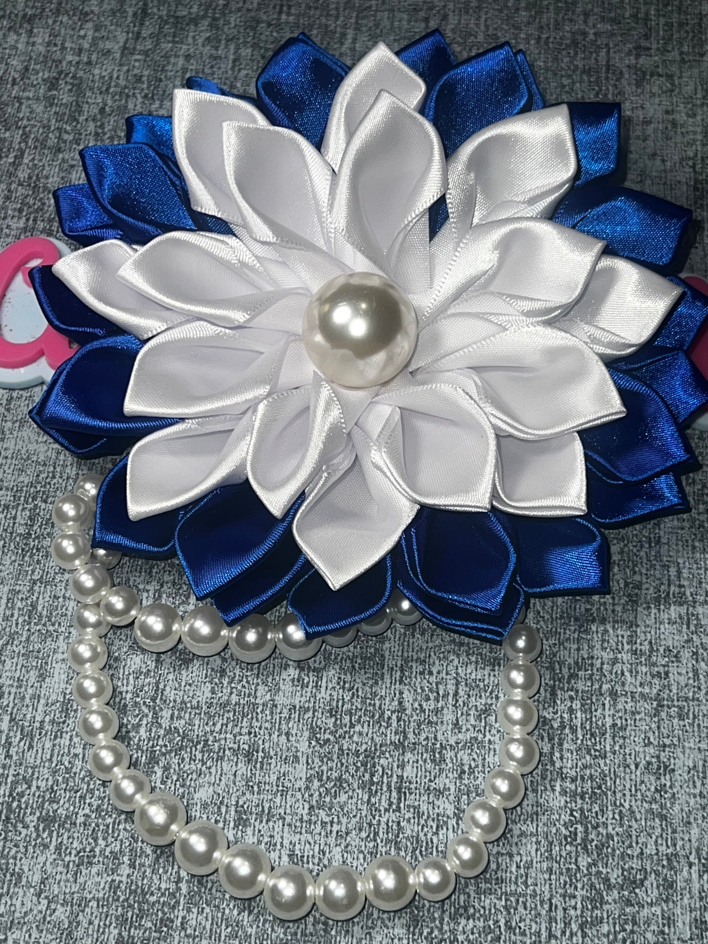 White & Royal Blue Satin Ribbon Flower Brooch Pin | Pearl Accent Floral Brooch Zeta Colors